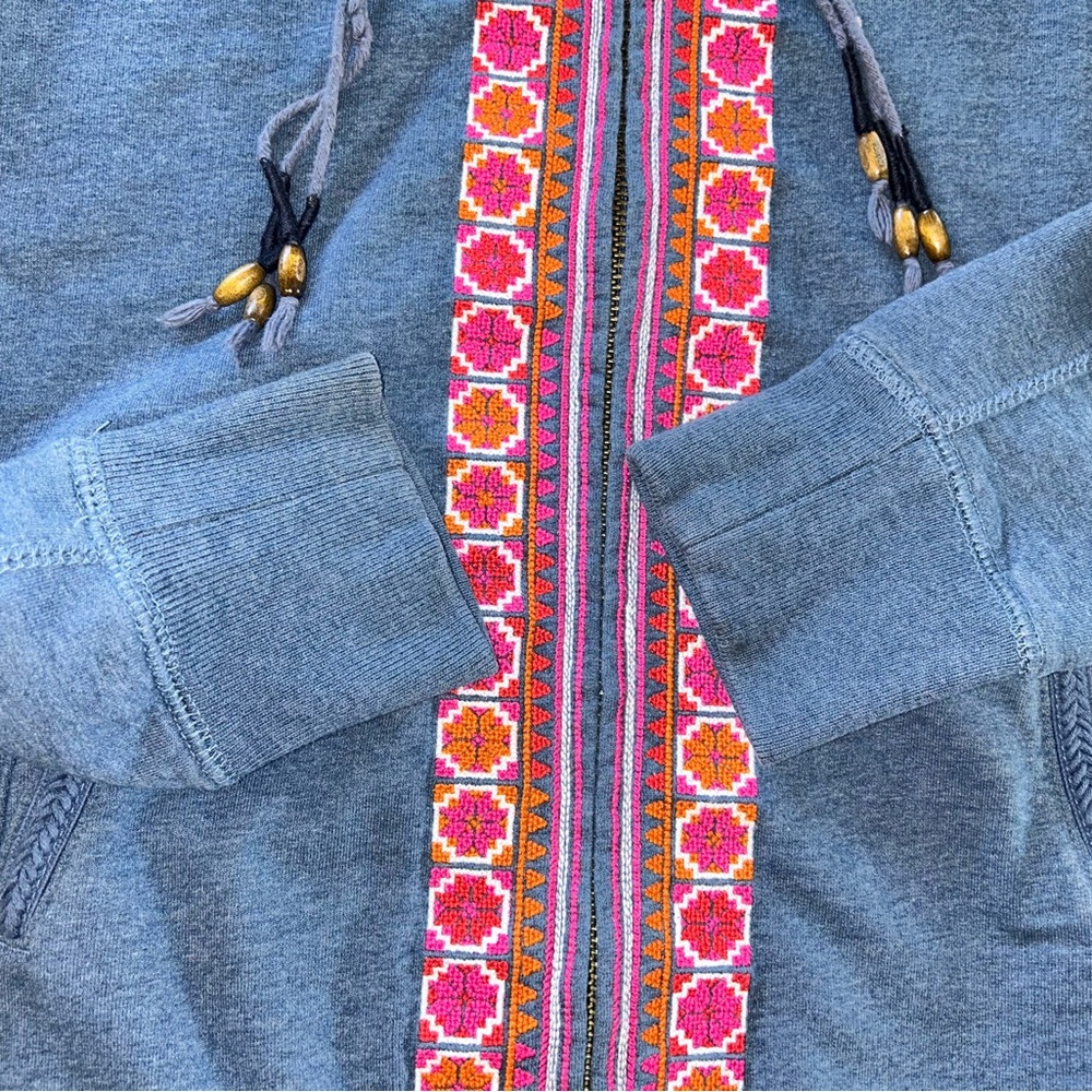Lucky Brand Blue Zip Hoodie with Pink & Orange Embroidered Trim & Beaded String - Picture 8 of 16